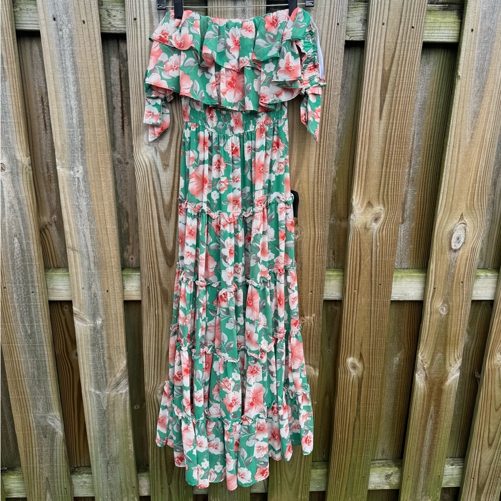 Lulu's Green Floral Off-Shoulder Maxi Dress - Picture 3 of 5